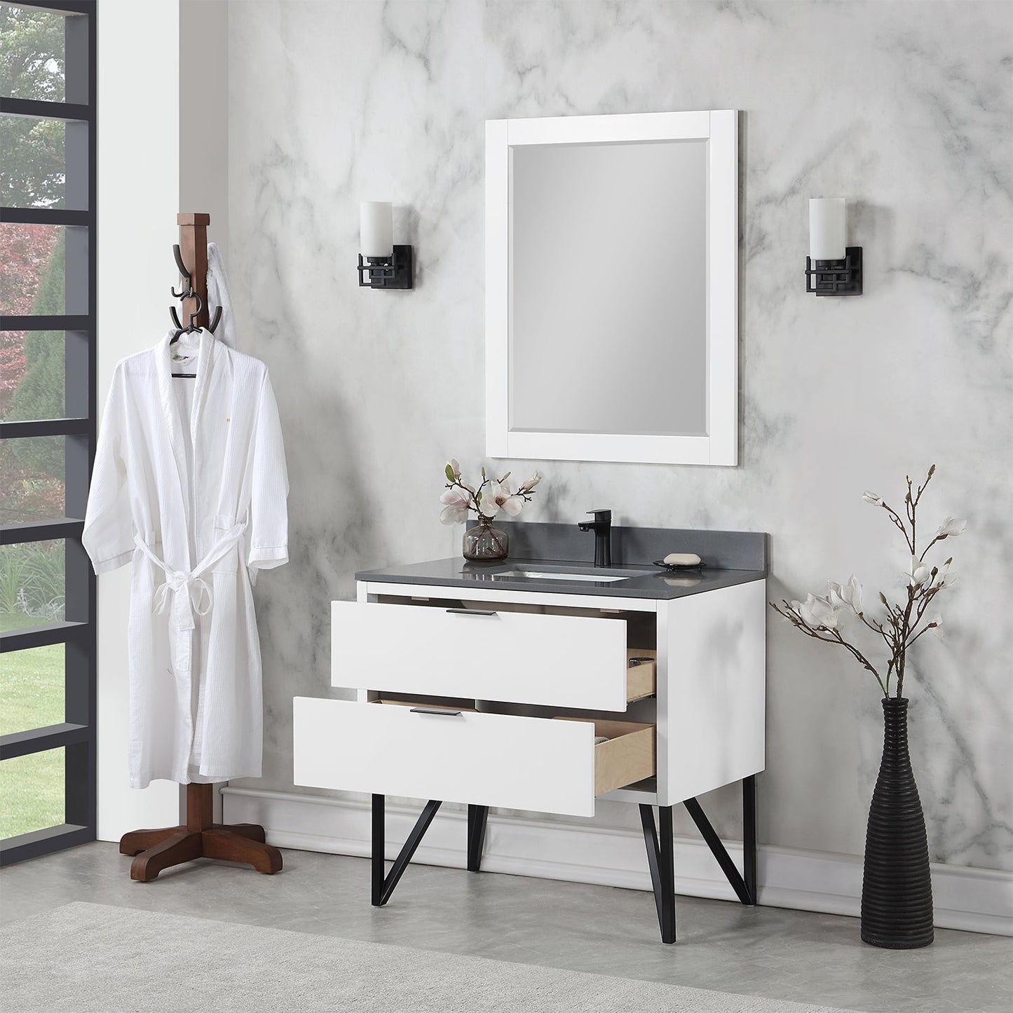 Helios 36" Single Bathroom Vanity in White with Concrete Gray Engineered Stone Countertop with Mirror