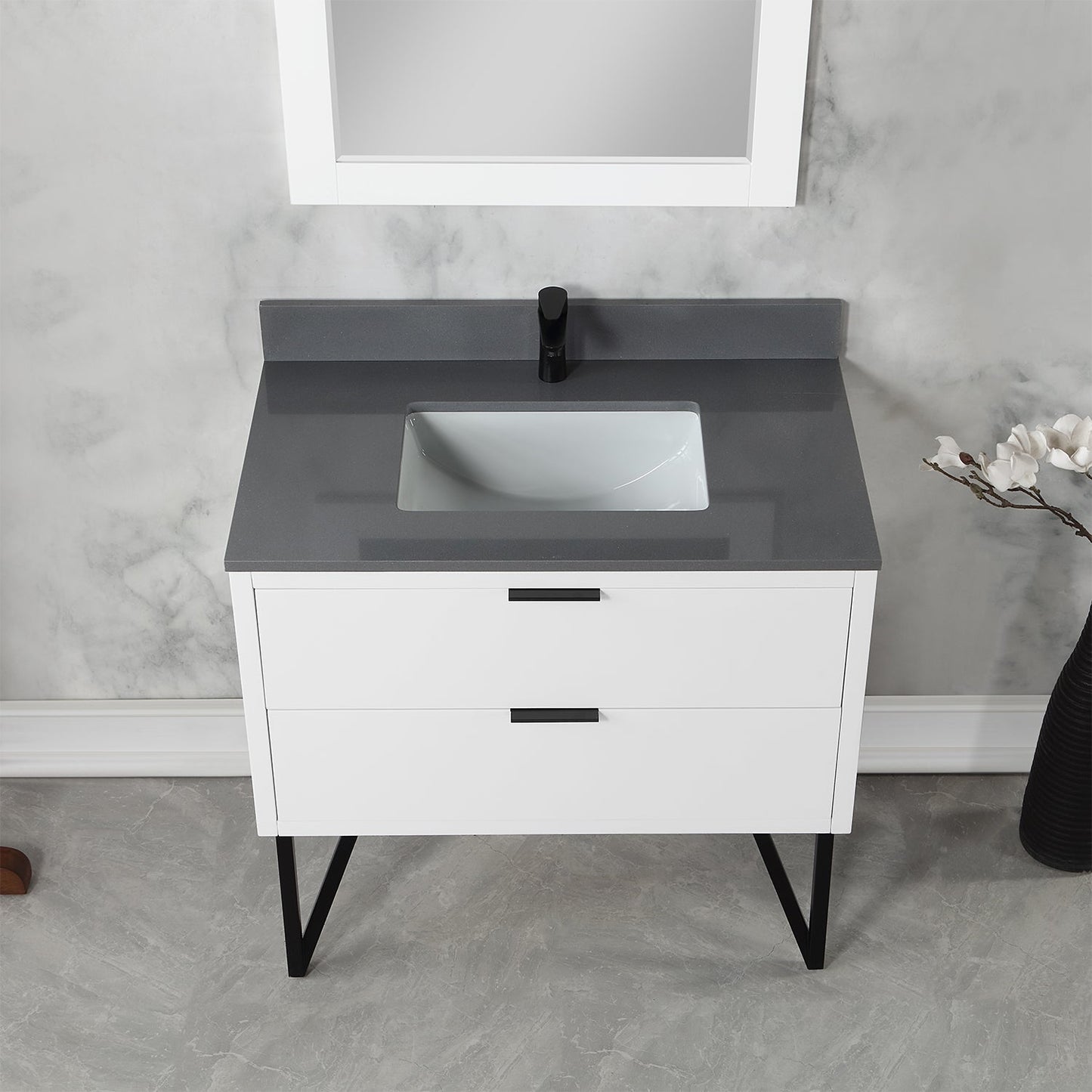 Helios 36" Single Bathroom Vanity in White with Concrete Gray Engineered Stone Countertop with Mirror