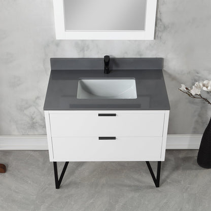 Helios 36" Single Bathroom Vanity in White with Concrete Gray Engineered Stone Countertop with Mirror