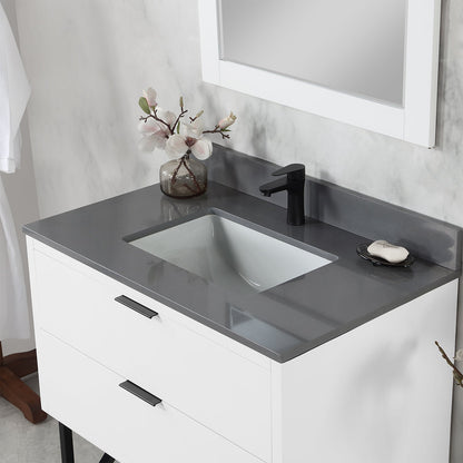 Helios 36" Single Bathroom Vanity in White with Concrete Gray Engineered Stone Countertop with Mirror