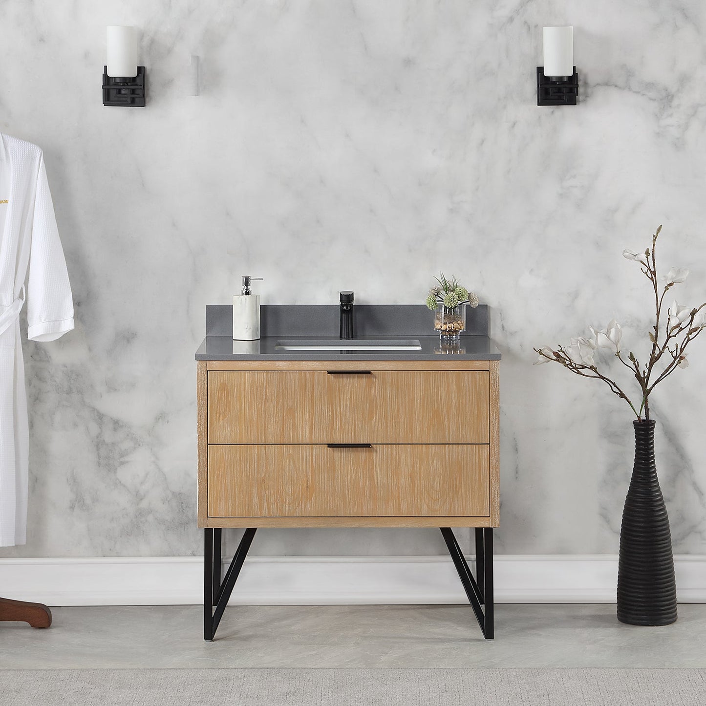 Helios 36" Single Bathroom Vanity in Weathered Pine with Carrara White Engineered Stone Countertop without Mirror