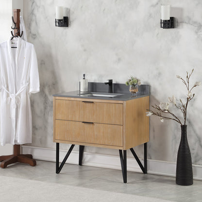 Helios 36" Single Bathroom Vanity in Weathered Pine with Carrara White Engineered Stone Countertop without Mirror