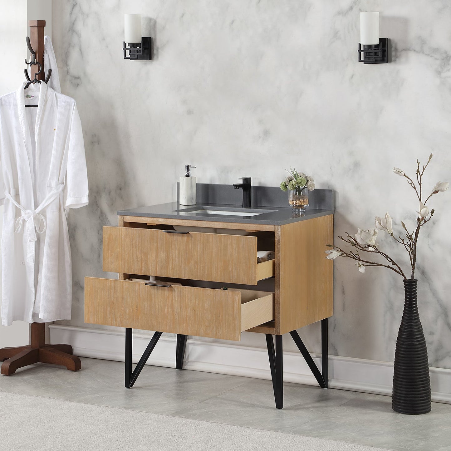 Helios 36" Single Bathroom Vanity in Weathered Pine with Carrara White Engineered Stone Countertop without Mirror