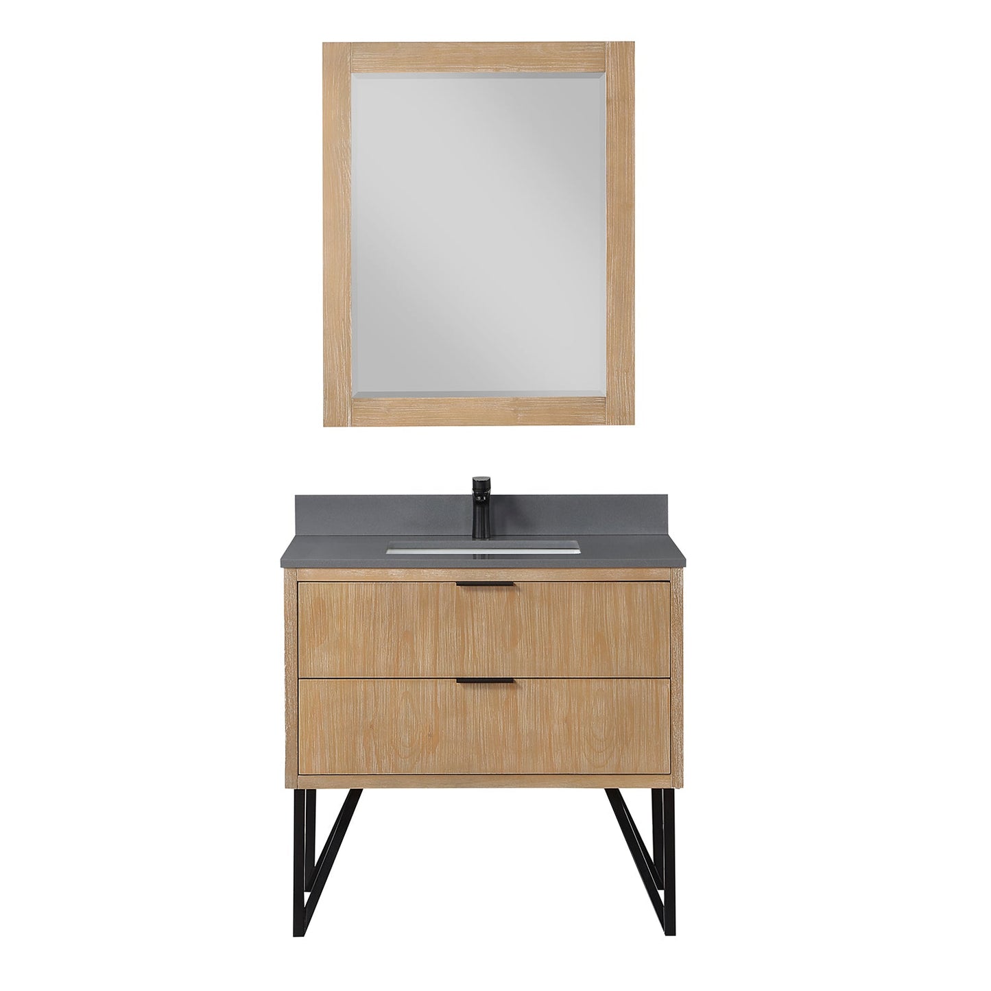Helios 36" Single Bathroom Vanity in Weathered Pine with Carrara White Engineered Stone Countertop with Mirror