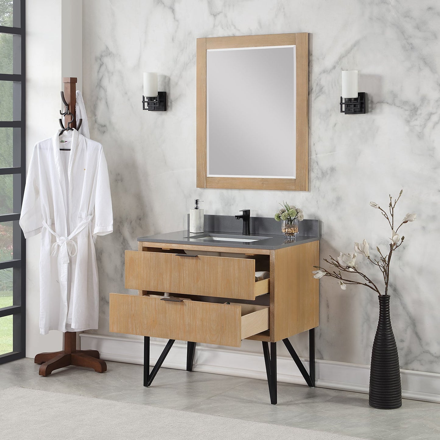 Helios 36" Single Bathroom Vanity in Weathered Pine with Carrara White Engineered Stone Countertop with Mirror