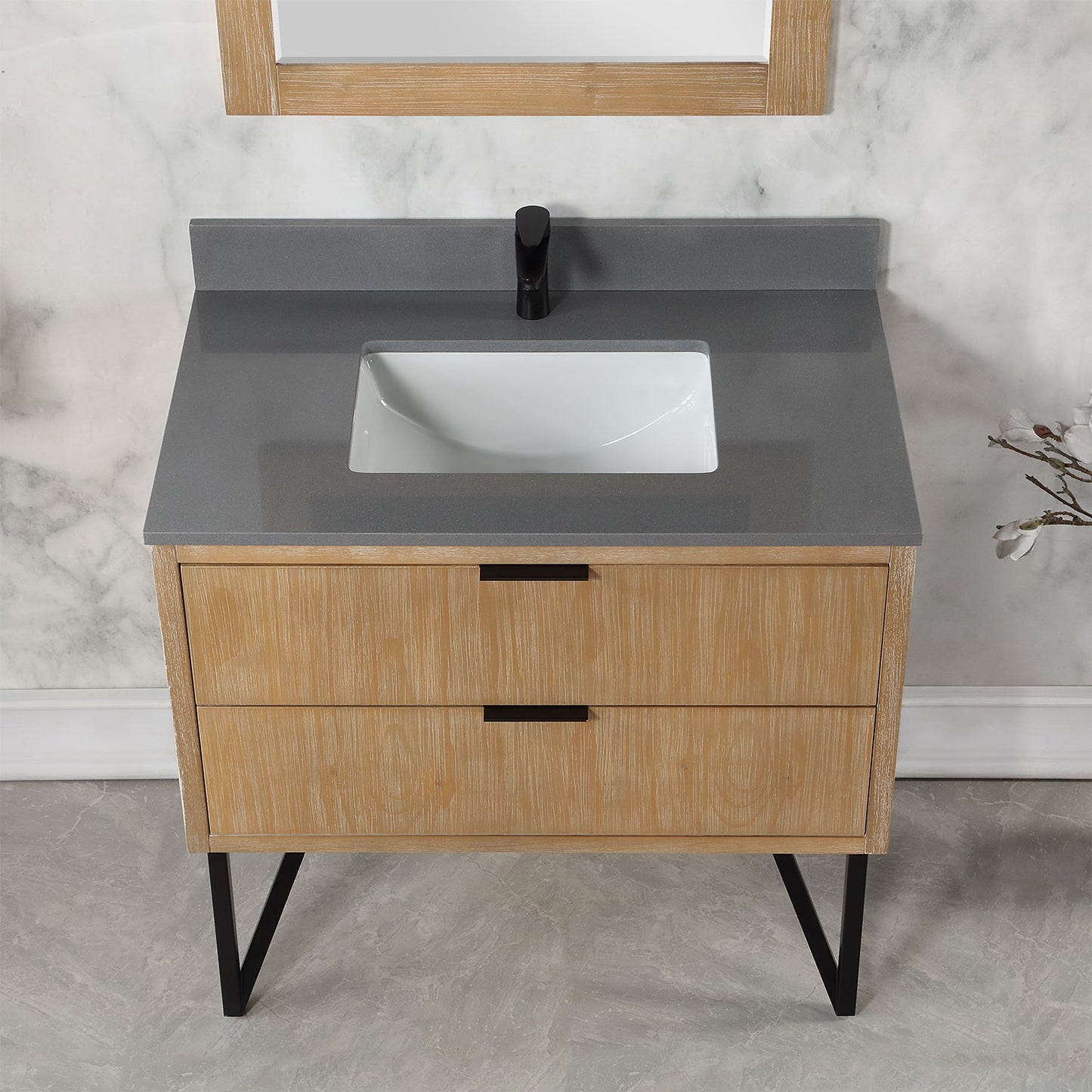 Helios 36" Single Bathroom Vanity in Weathered Pine with Carrara White Engineered Stone Countertop with Mirror