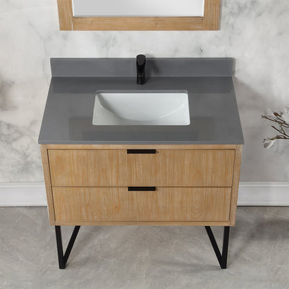 Helios 36" Single Bathroom Vanity in Weathered Pine with Carrara White Engineered Stone Countertop with Mirror