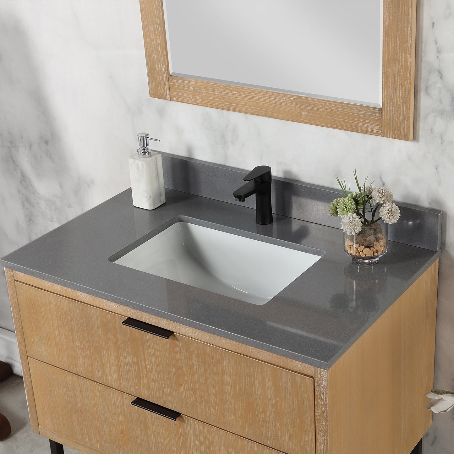 Helios 36" Single Bathroom Vanity in Weathered Pine with Carrara White Engineered Stone Countertop with Mirror