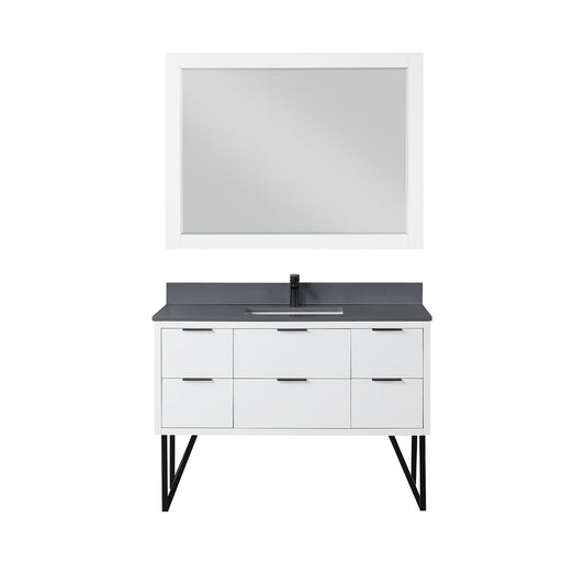 Helios 48" Single Bathroom Vanity in White with Concrete Gray Engineered Stone Countertop with Mirror