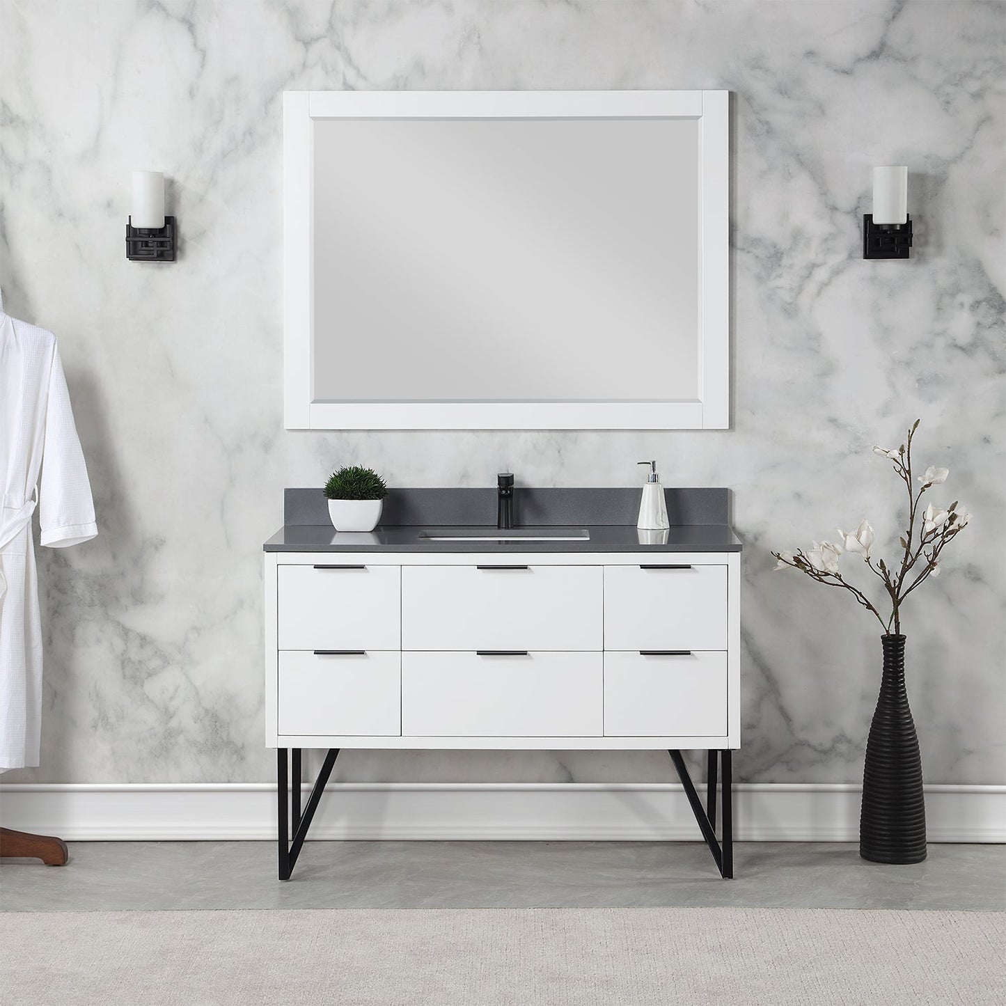 Helios 48" Single Bathroom Vanity in White with Concrete Gray Engineered Stone Countertop with Mirror