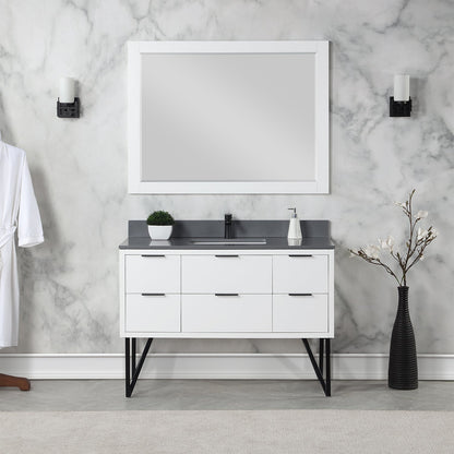 Helios 48" Single Bathroom Vanity in White with Concrete Gray Engineered Stone Countertop with Mirror
