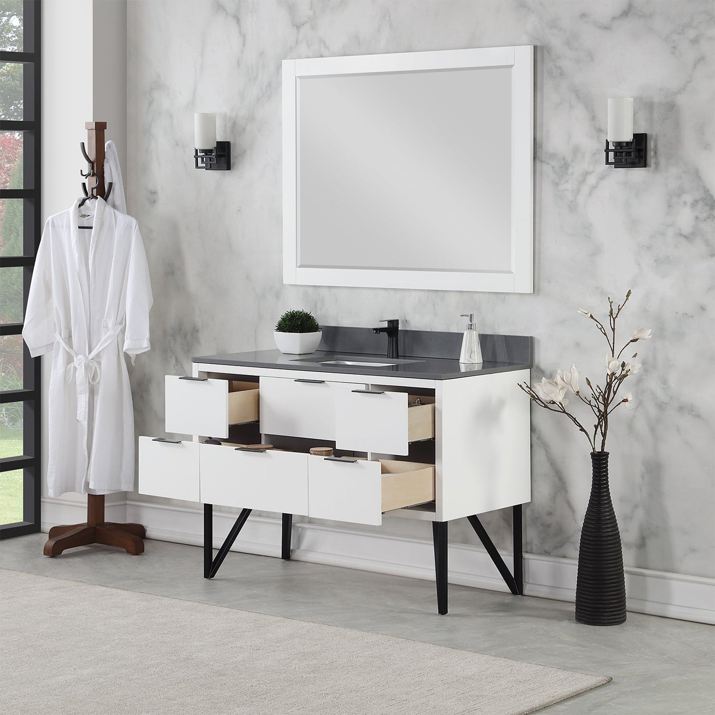 Helios 48" Single Bathroom Vanity in White with Concrete Gray Engineered Stone Countertop with Mirror