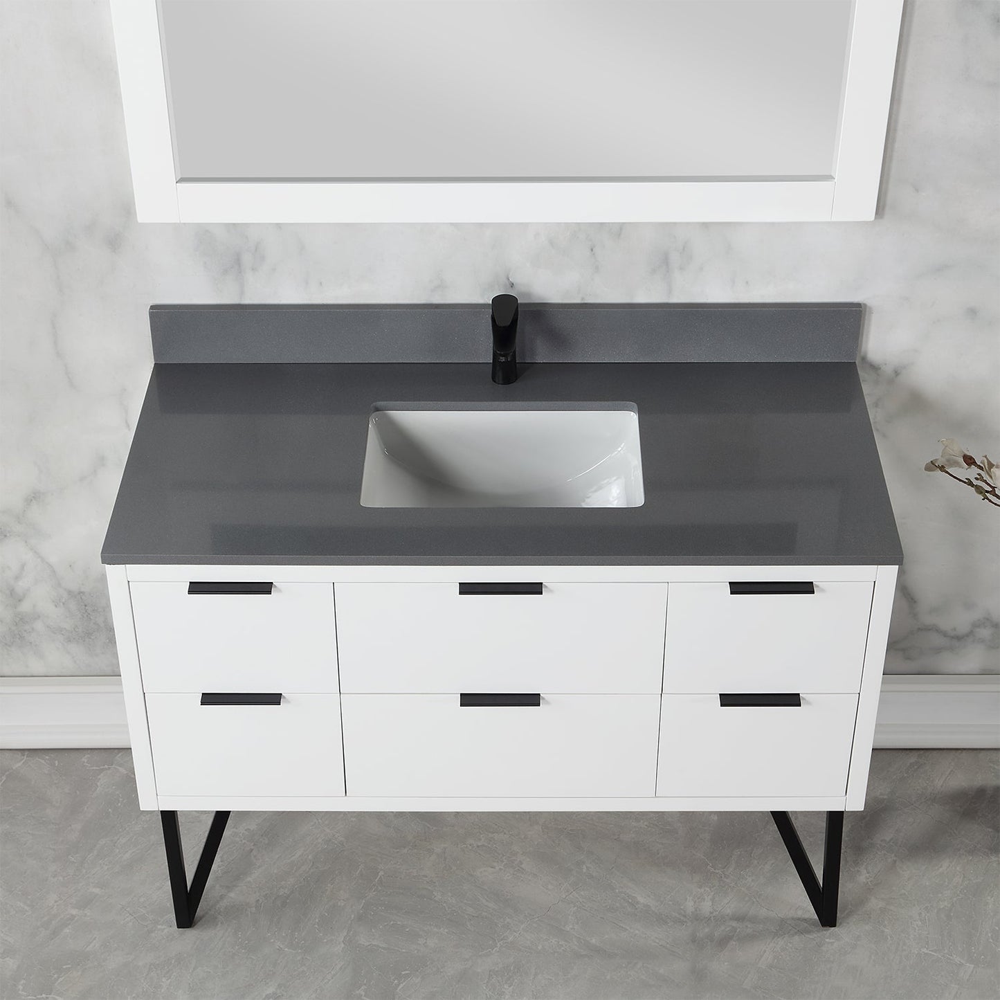 Helios 48" Single Bathroom Vanity in White with Concrete Gray Engineered Stone Countertop with Mirror