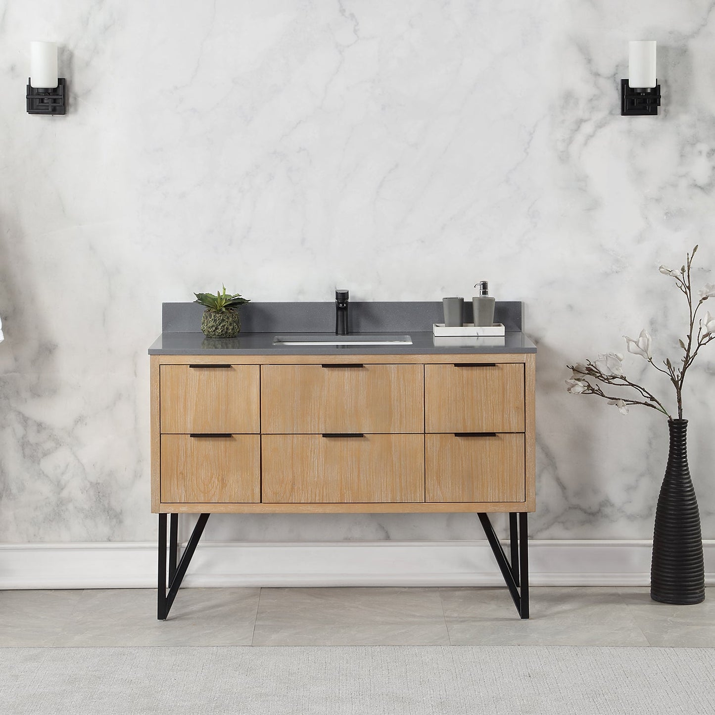 Helios 48" Single Bathroom Vanity in Weathered Pine with Carrara White Engineered Stone Countertop without Mirror