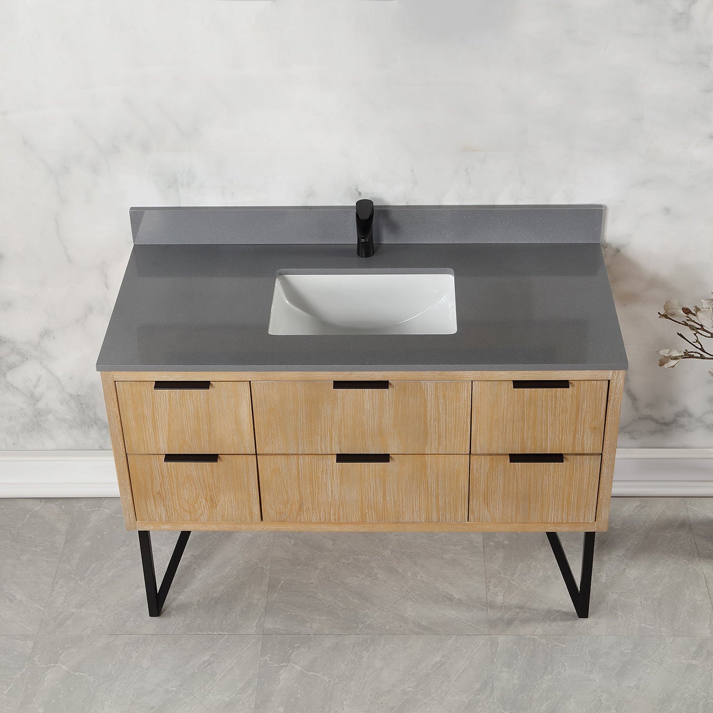 Helios 48" Single Bathroom Vanity in Weathered Pine with Carrara White Engineered Stone Countertop without Mirror