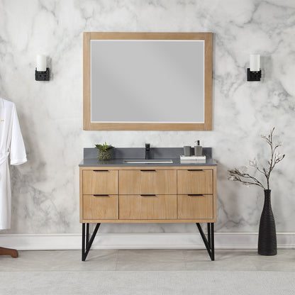 Helios 48" Single Bathroom Vanity in Weathered Pine with Carrara White Engineered Stone Countertop with Mirror