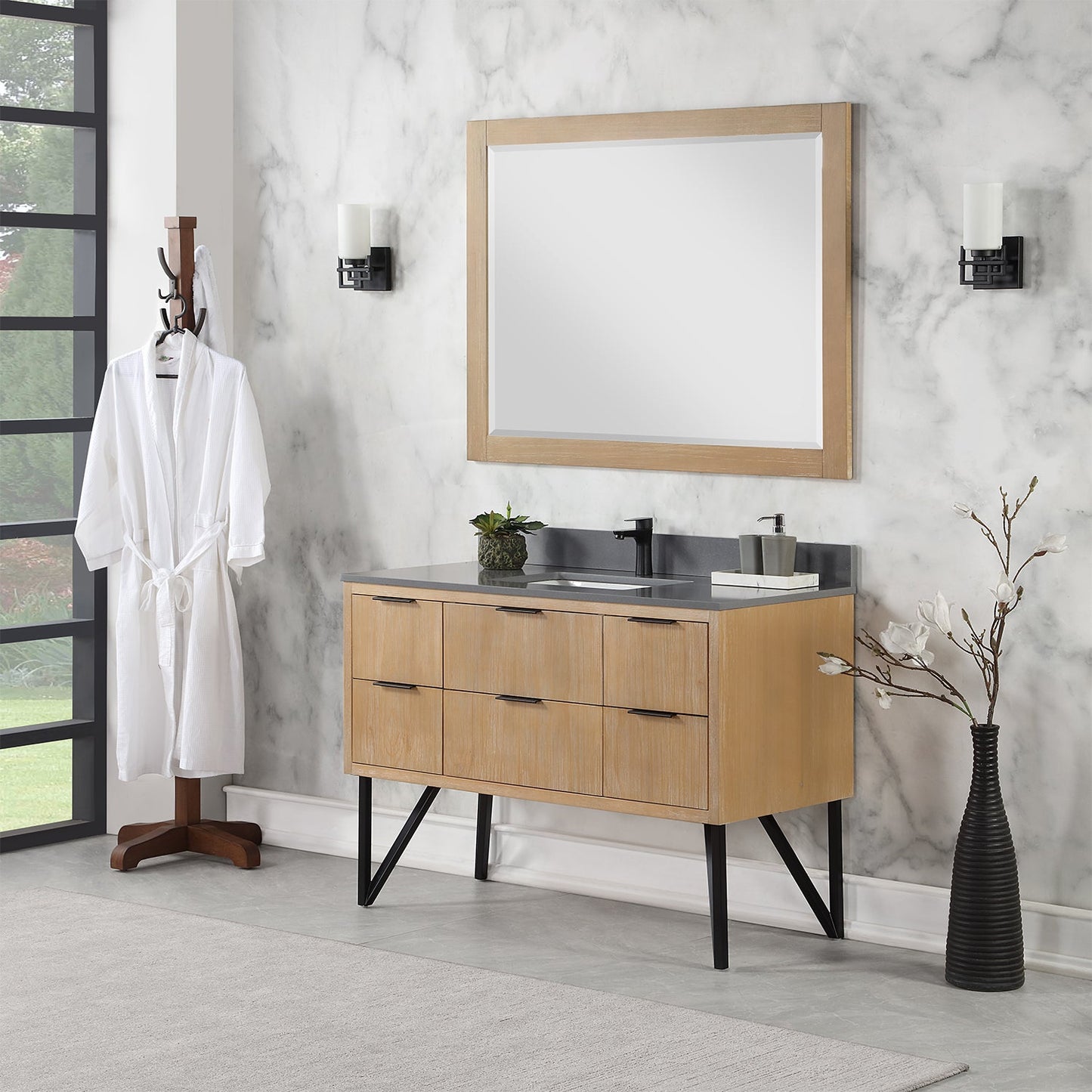 Helios 48" Single Bathroom Vanity in Weathered Pine with Carrara White Engineered Stone Countertop with Mirror