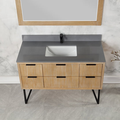 Helios 48" Single Bathroom Vanity in Weathered Pine with Carrara White Engineered Stone Countertop with Mirror