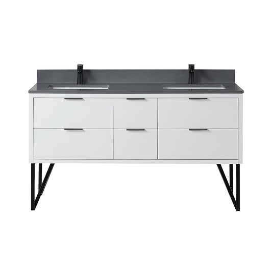 Helios 60" Double Bathroom Vanity in White with Concrete Gray Engineered Stone Countertop without Mirror