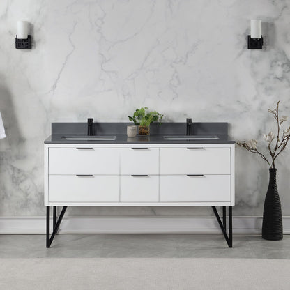 Helios 60" Double Bathroom Vanity in White with Concrete Gray Engineered Stone Countertop without Mirror