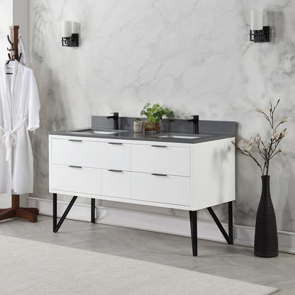 Helios 60" Double Bathroom Vanity in White with Concrete Gray Engineered Stone Countertop without Mirror