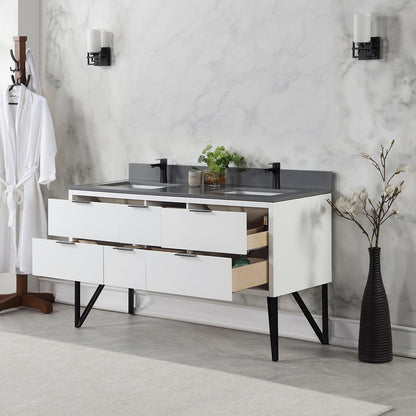 Helios 60" Double Bathroom Vanity in White with Concrete Gray Engineered Stone Countertop without Mirror