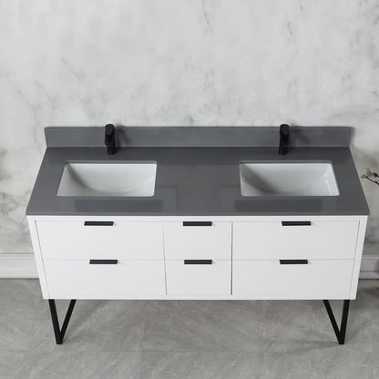 Helios 60" Double Bathroom Vanity in White with Concrete Gray Engineered Stone Countertop without Mirror