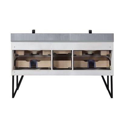 Helios 60" Double Bathroom Vanity in White with Concrete Gray Engineered Stone Countertop without Mirror