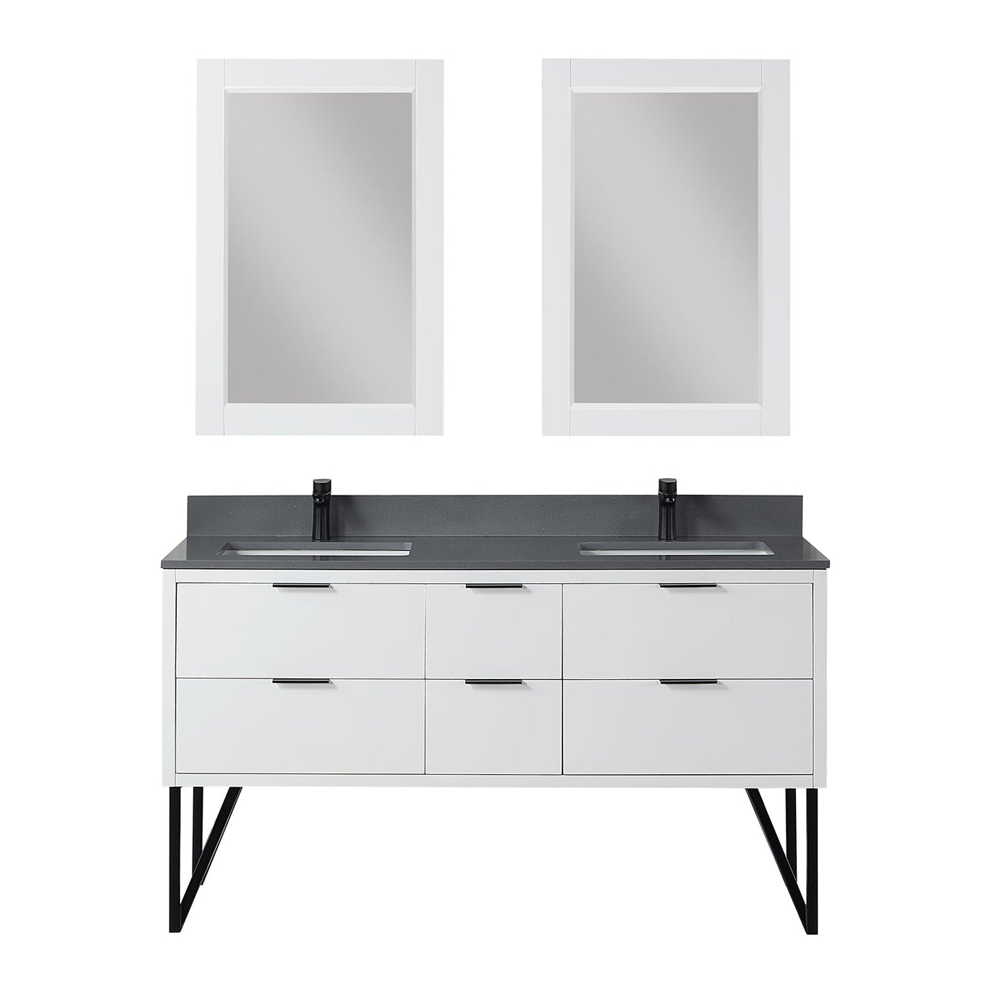 Helios 60" Double Bathroom Vanity in White with Concrete Gray Engineered Stone Countertop with Mirror