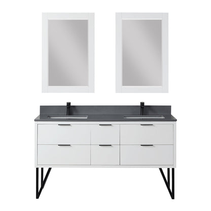 Helios 60" Double Bathroom Vanity in White with Concrete Gray Engineered Stone Countertop with Mirror