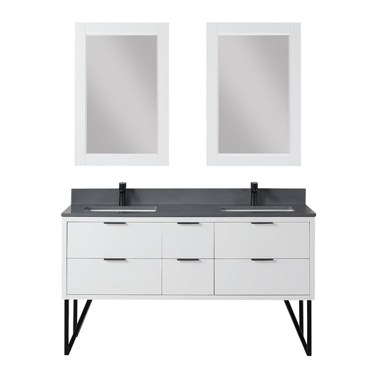 Helios 60" Double Bathroom Vanity in White with Concrete Gray Engineered Stone Countertop with Mirror