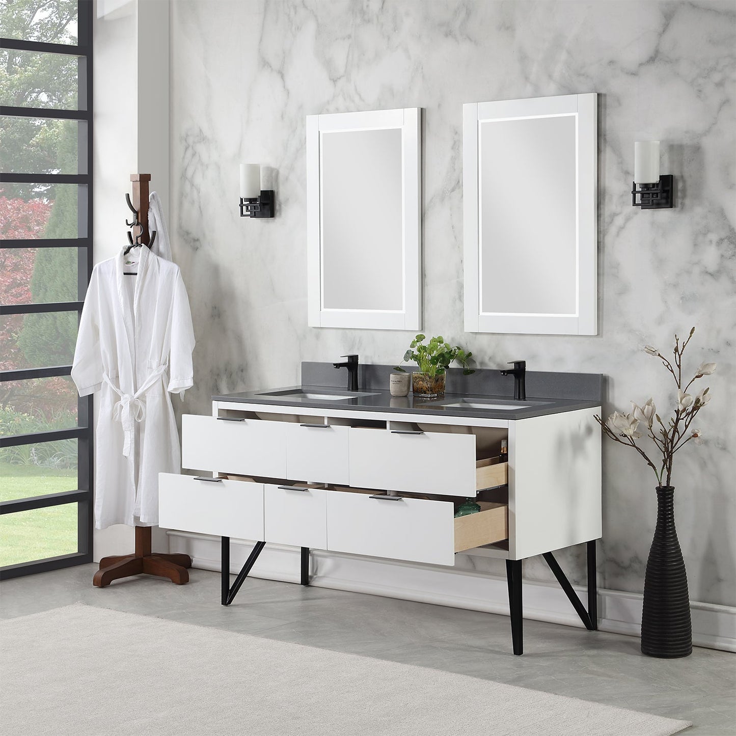 Helios 60" Double Bathroom Vanity in White with Concrete Gray Engineered Stone Countertop with Mirror
