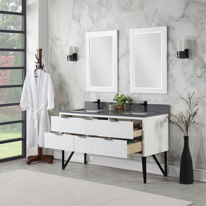 Helios 60" Double Bathroom Vanity in White with Concrete Gray Engineered Stone Countertop with Mirror