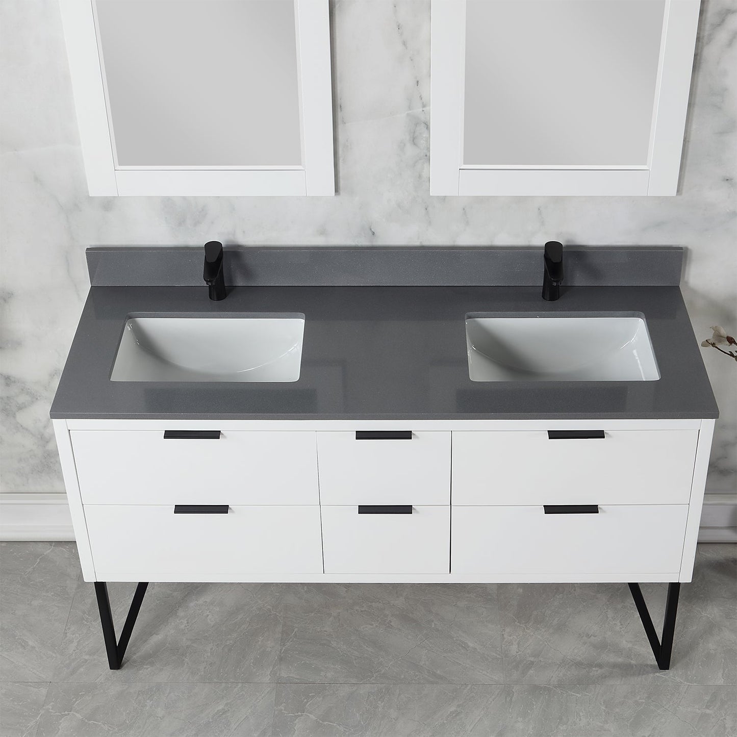 Helios 60" Double Bathroom Vanity in White with Concrete Gray Engineered Stone Countertop with Mirror