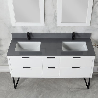 Helios 60" Double Bathroom Vanity in White with Concrete Gray Engineered Stone Countertop with Mirror