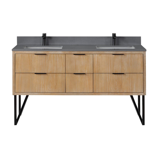 Helios 60" Double Bathroom Vanity in Weathered Pine with Carrara White Engineered Stone Countertop without Mirror