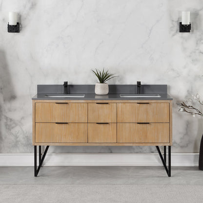 Helios 60" Double Bathroom Vanity in Weathered Pine with Carrara White Engineered Stone Countertop without Mirror