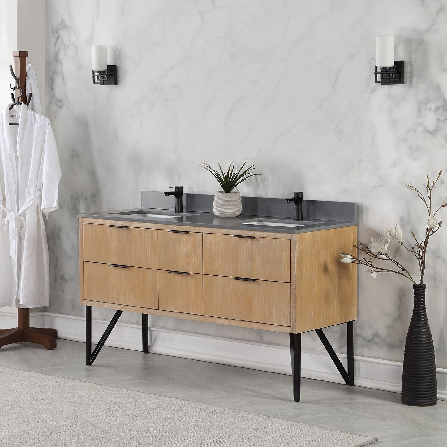 Helios 60" Double Bathroom Vanity in Weathered Pine with Carrara White Engineered Stone Countertop without Mirror