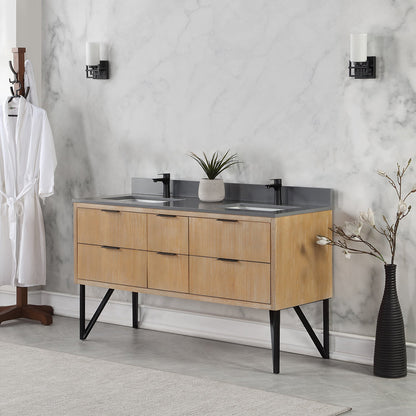Helios 60" Double Bathroom Vanity in Weathered Pine with Carrara White Engineered Stone Countertop without Mirror