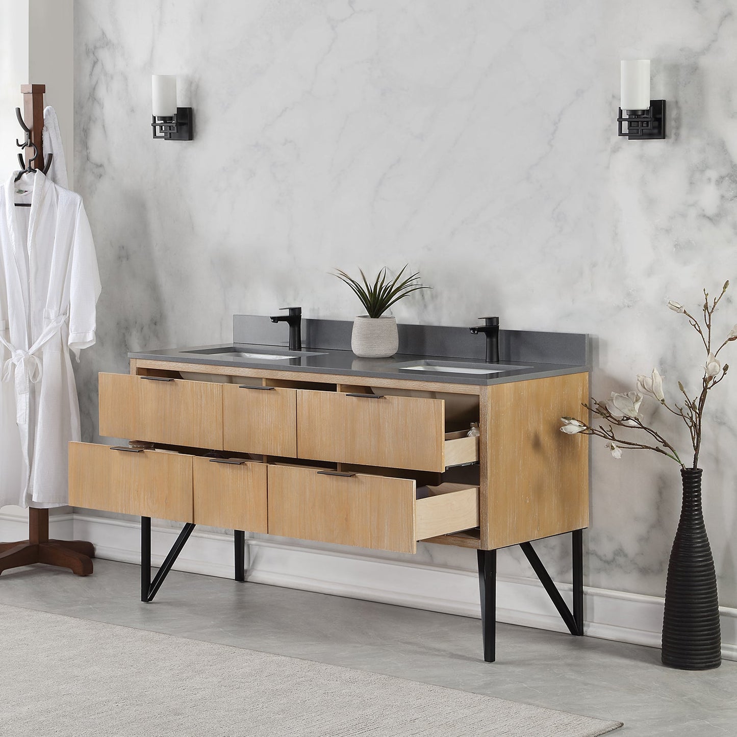 Helios 60" Double Bathroom Vanity in Weathered Pine with Carrara White Engineered Stone Countertop without Mirror