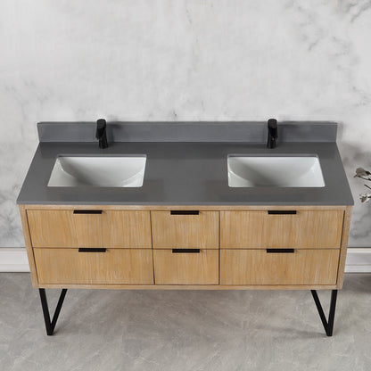 Helios 60" Double Bathroom Vanity in Weathered Pine with Carrara White Engineered Stone Countertop without Mirror