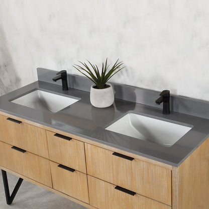 Helios 60" Double Bathroom Vanity in Weathered Pine with Carrara White Engineered Stone Countertop without Mirror