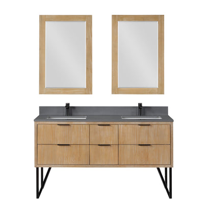 Helios 60" Double Bathroom Vanity in Weathered Pine with Carrara White Engineered Stone Countertop with Mirror