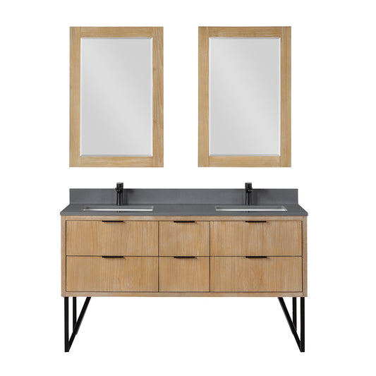 Helios 60" Double Bathroom Vanity in Weathered Pine with Carrara White Engineered Stone Countertop with Mirror