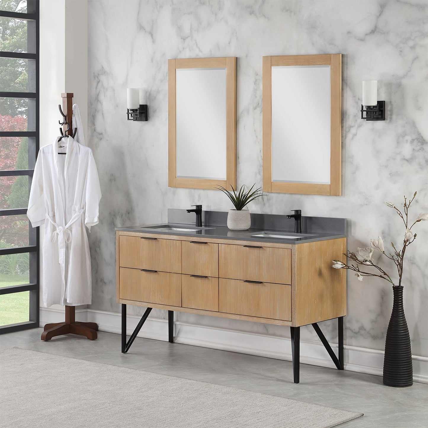 Helios 60" Double Bathroom Vanity in Weathered Pine with Carrara White Engineered Stone Countertop with Mirror