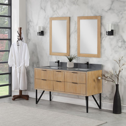 Helios 60" Double Bathroom Vanity in Weathered Pine with Carrara White Engineered Stone Countertop with Mirror