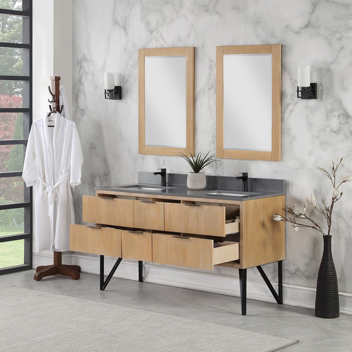 Helios 60" Double Bathroom Vanity in Weathered Pine with Carrara White Engineered Stone Countertop with Mirror