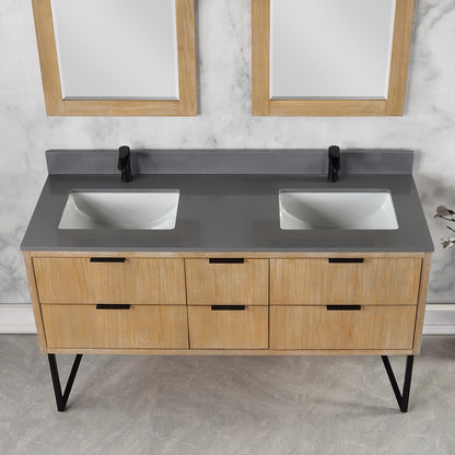 Helios 60" Double Bathroom Vanity in Weathered Pine with Carrara White Engineered Stone Countertop with Mirror