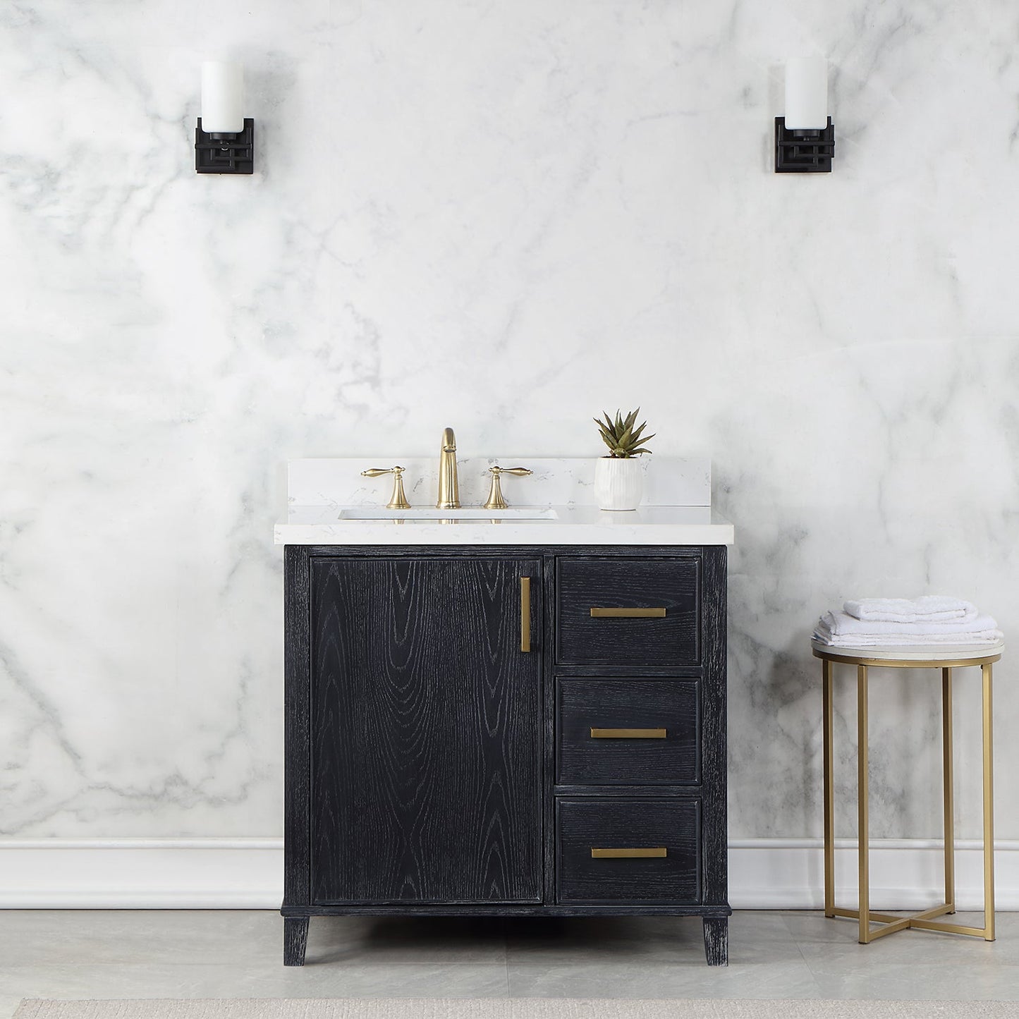Weiser 36" Single Bathroom Vanity in Black Oak with Aosta White Engineered Stone Countertop without Mirror