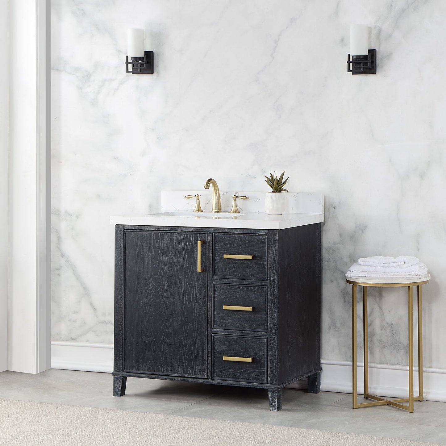 Weiser 36" Single Bathroom Vanity in Black Oak with Aosta White Engineered Stone Countertop without Mirror